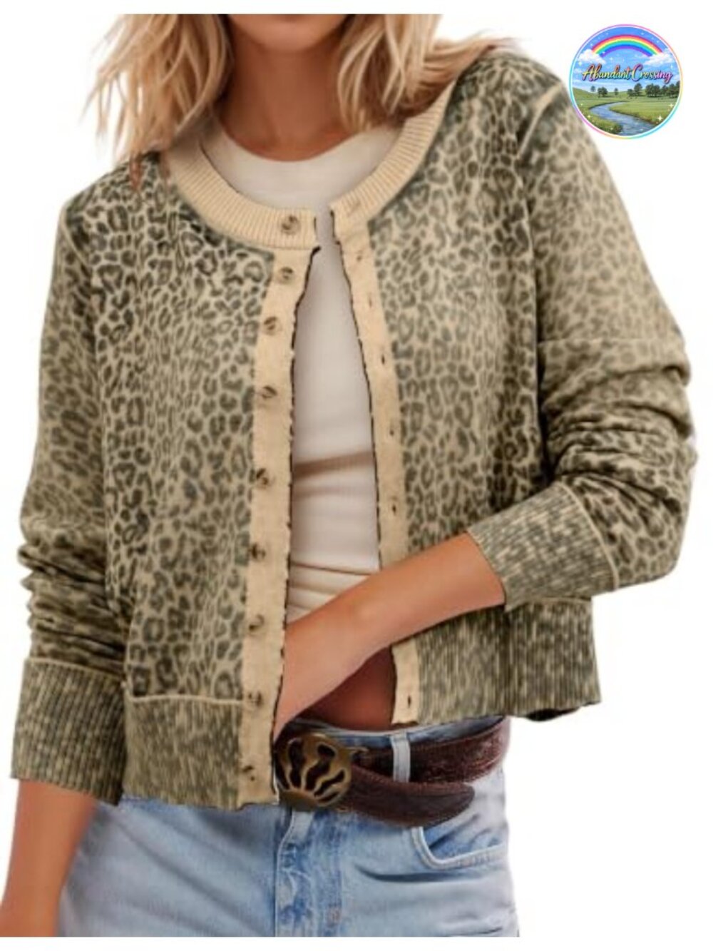 Leopard Knit Button Cardigan Cropped Long Sleeve Sweater